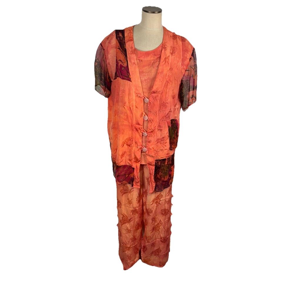 Uru Pants Tunic Vest VTG Womens One Size Orange 3 Piece Set Boho Lagenlook Flaw